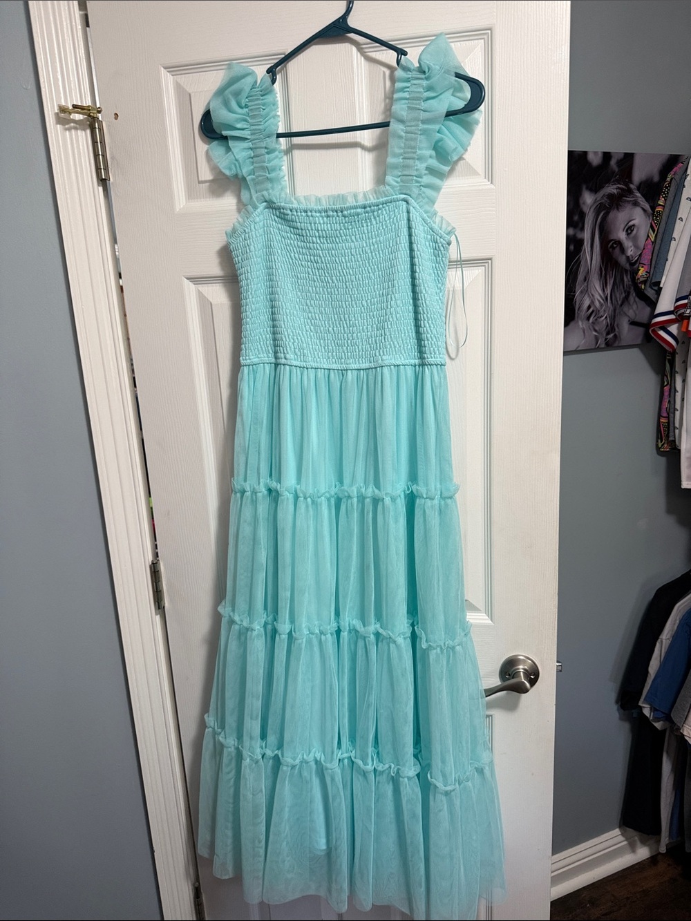 BiBi Light Aqua Ruffled Strap Tiered Maxi Dress